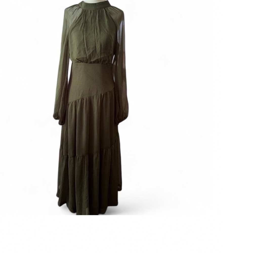 Julip Green Sheer Sleeve Tiered Maxi Dress Open Back Bow Neck US M - Picture 3 of 9